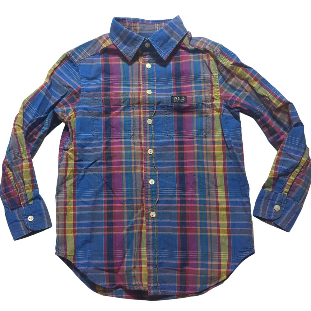 Polo‎ Ralph Lauren Boys Blue Purple Plaid Cotton Button Down Shirt Size Small 8